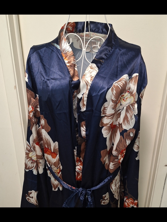 Other - Satin Kimono Belted Women's Robe Navy Blue With Beige And Brown Flowers Silky XL